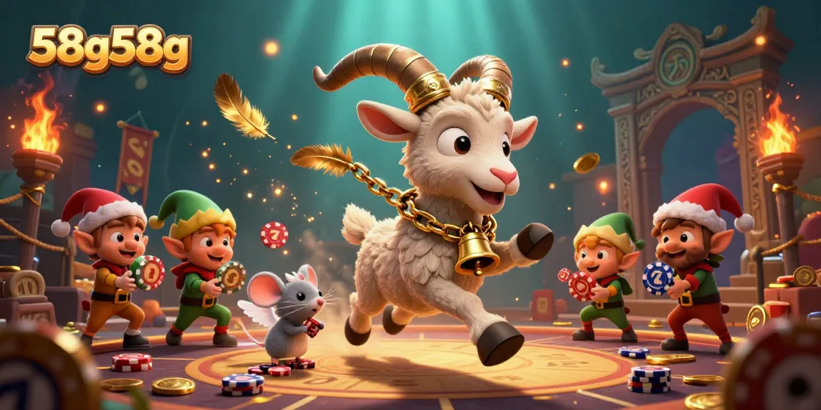 Action-packed scene at the 58g58g casino featuring festive Krampus goat, angel mouse, and elf gremlins.
