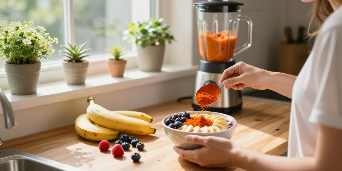 Person making a smoothie bowl with vegan astaxanthin ingredients in a sunny kitchen.
