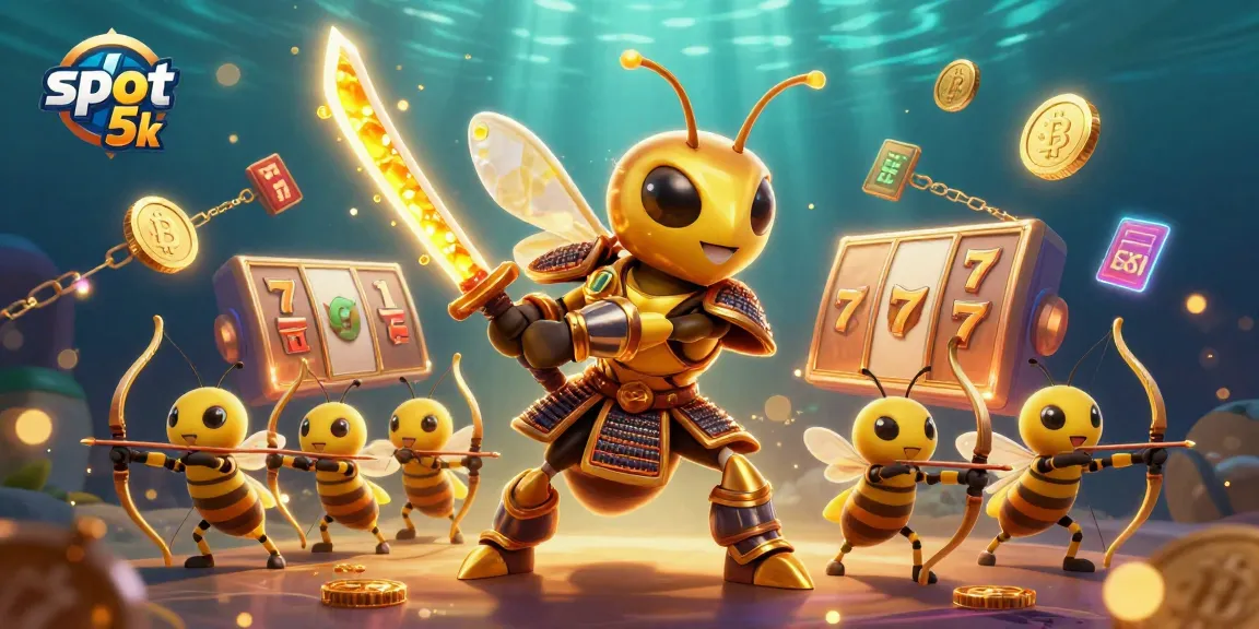 Engage with slot 5k in this vibrant, dynamic 3D casino scene showcasing a samurai hornet and bee archers.