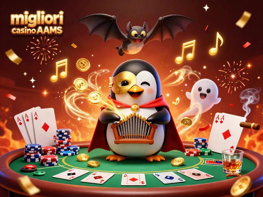 I migliori casino non AAMS offrono giochi avvincenti con monete d'oro e tavoli da poker animati in un'illustrazione vivace.