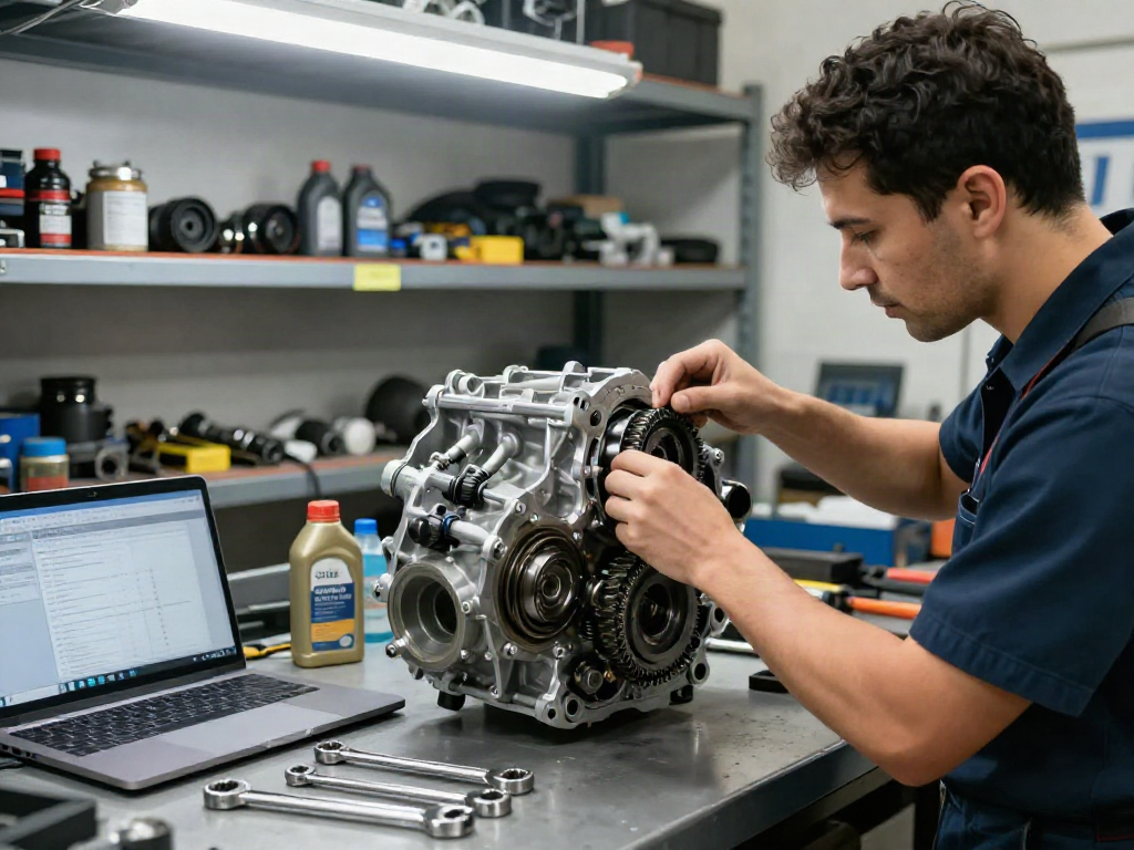 Technician inspecting a CD009 transmission in an automotive workshop with tools and components