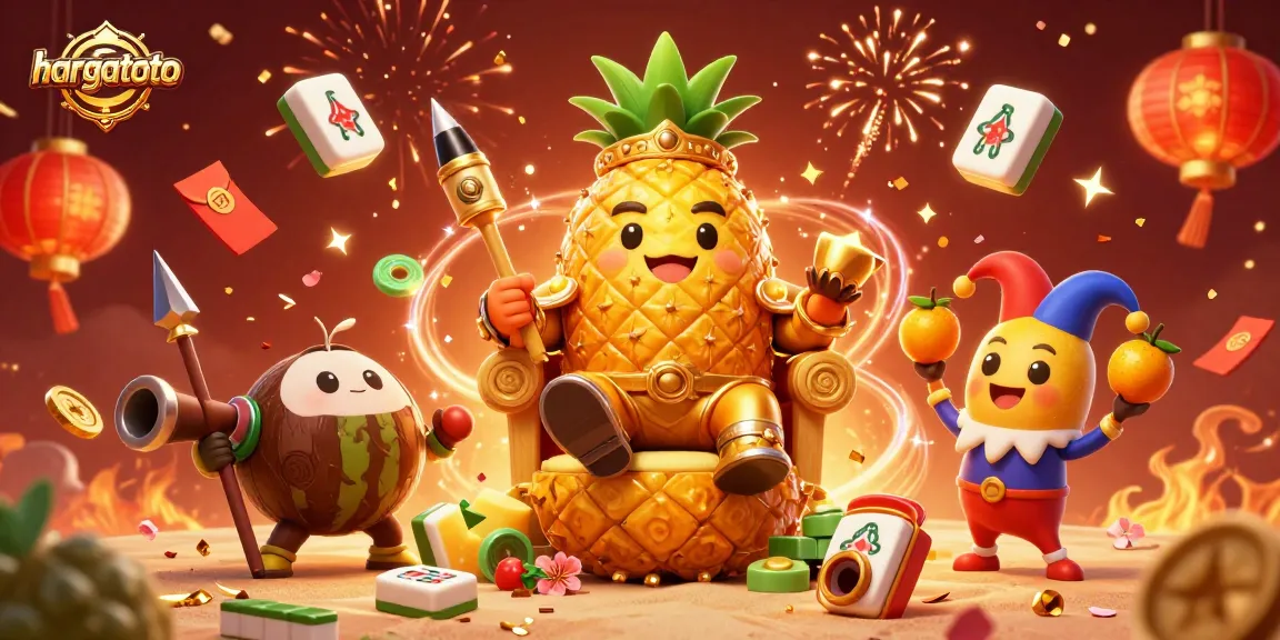 Join the festive hargatoto casino scene featuring a golden pineapple king with vibrant fireworks and lucky symbols.